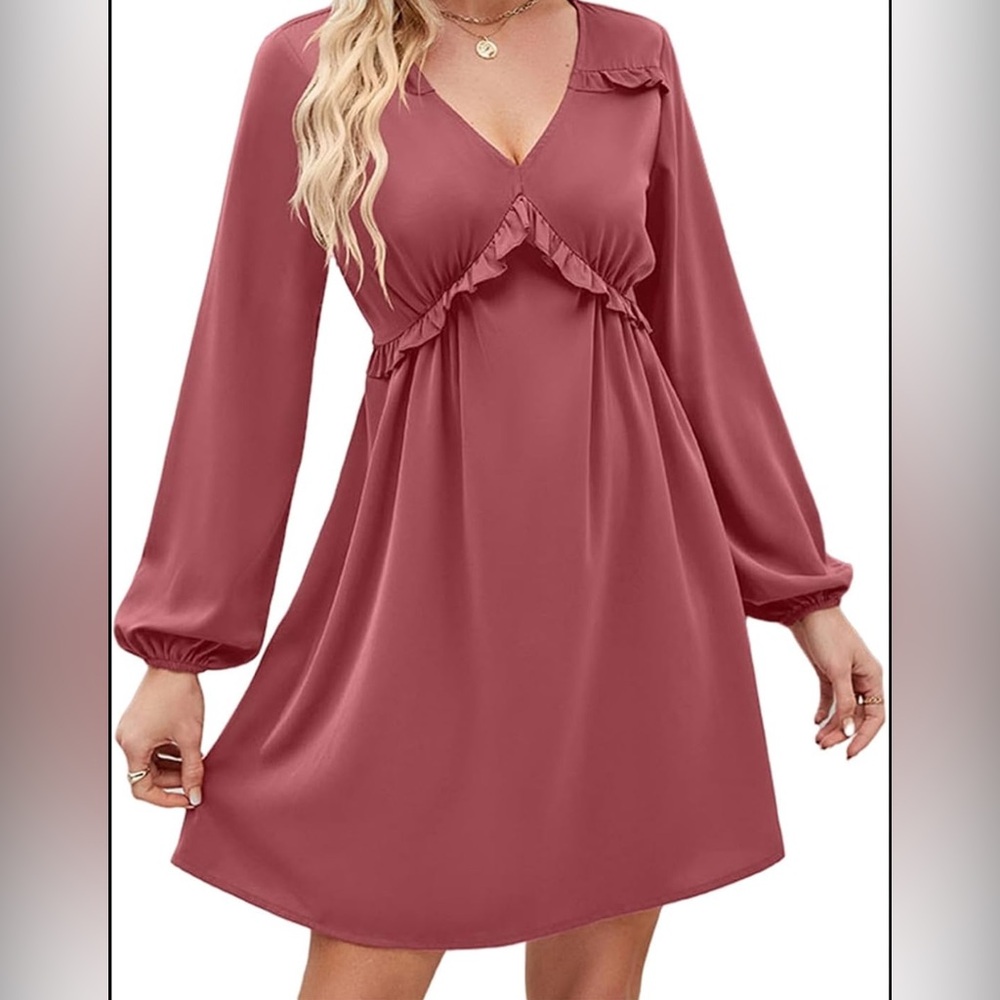 NWT Aokosor Ruffle Short High Waist Pink Dress Size Medium Long Sleeve